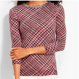 Talbots 100% Cashmere Sweater Jewel Neckline Pink Burgundy Houndstooth XS